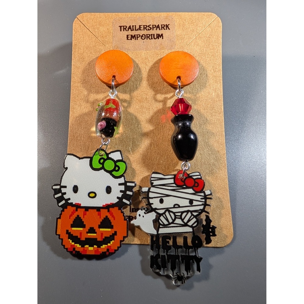 Hello Kitty Halloween Mismatched Earrings Pumpkin Mummy Nickel Free Sanrio Style